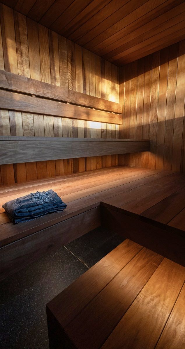 La sauna è splendidamente illuminata dalla luce naturale proveniente dalla finestra e, indirettamente, dalle strisce LED sulle panche sotto l'area di seduta e sulla scala.